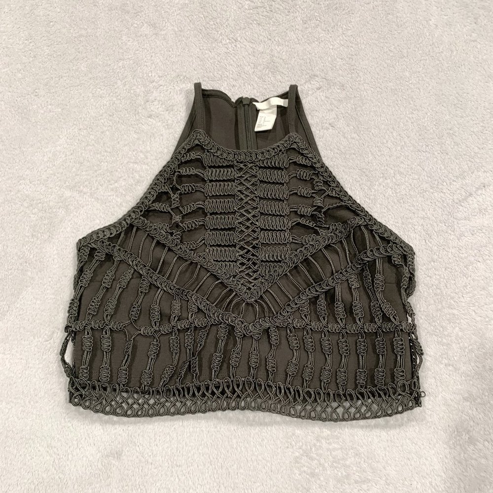 H&M Size Medium Dark Olive High Neck Macrame Crop Top